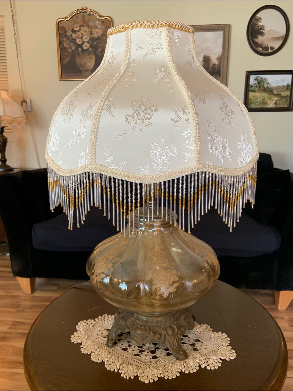 Gorgeous Vintage-Inspired Cream and Gold Glass Beaded Lamp Shade.
